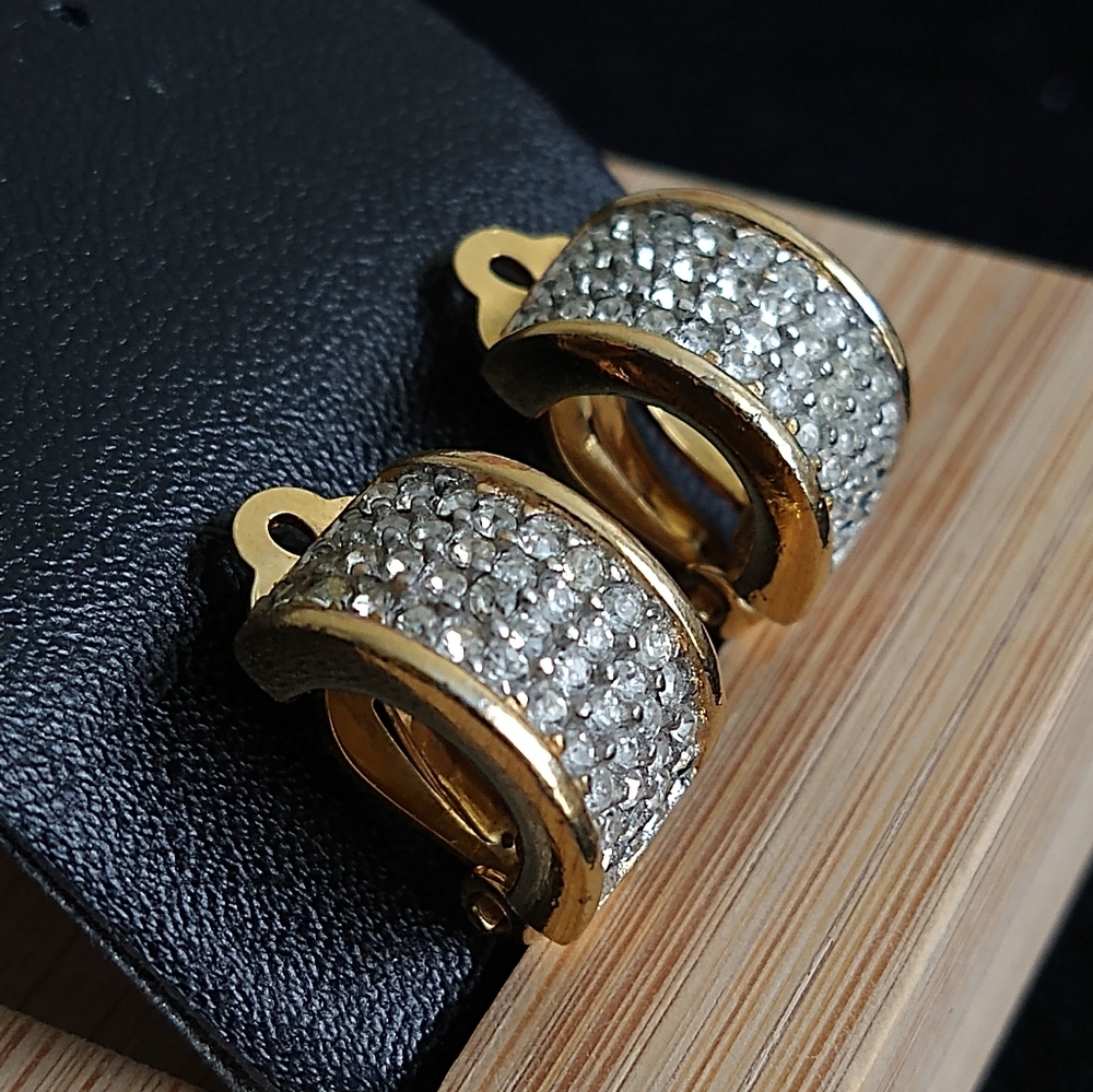 Vintage Givenchy Paris New York Gold Tone Pavé Crystal Clip On Earrings 1980s